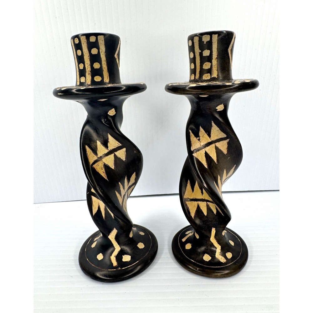 2 Black & Beige Vintage Tribal Hand Painted Ceramic Spiral Candle Holders 7"